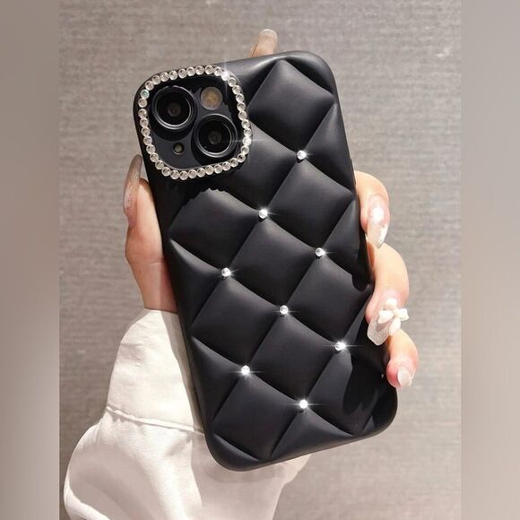 Luxury Quilted Black iPhone 15 Pro Max Case with Rhinestone Accents - Picture 3 of 6